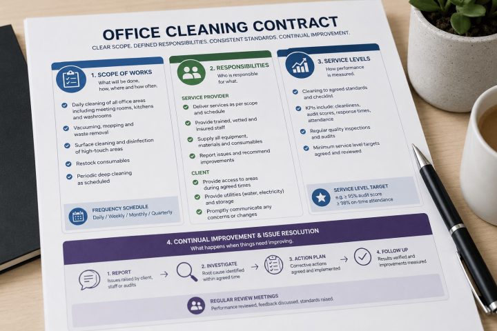 Example contract for cleaning a workplace resting on a desk