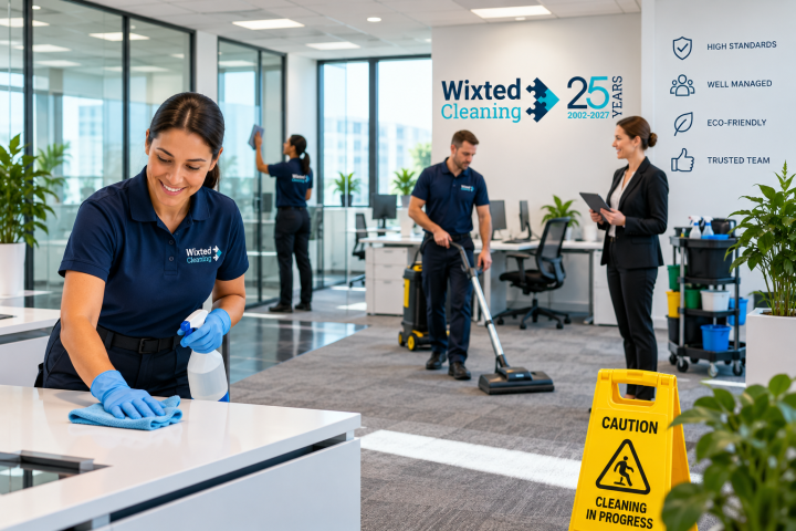 Wixted Cleaning staff wiping desks and vacuuming an open-plan office, with a manager checking the work.